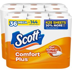 imageScott ComfortPlus Toilet Paper 36 Mega Rolls 2 Packs of 18 425 Sheets per Roll SepticSafe 1Ply Toilet Tissue425 Sheets Pack of 36