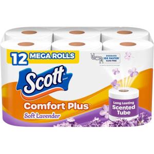 imageScott ComfortPlus Toilet Paper with Soft Lavender Scented Tube 12 Mega Rolls 310 Sheets per Roll SepticSafe 1Ply Toilet Tissue